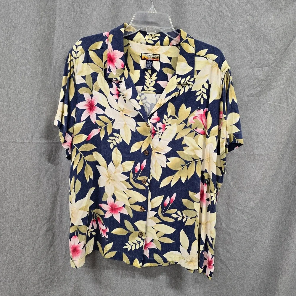 Havana Jacks Cafe Woman 1X Tropical Floral Rayon Button Shirt Navy Pink - Picture 1 of 5